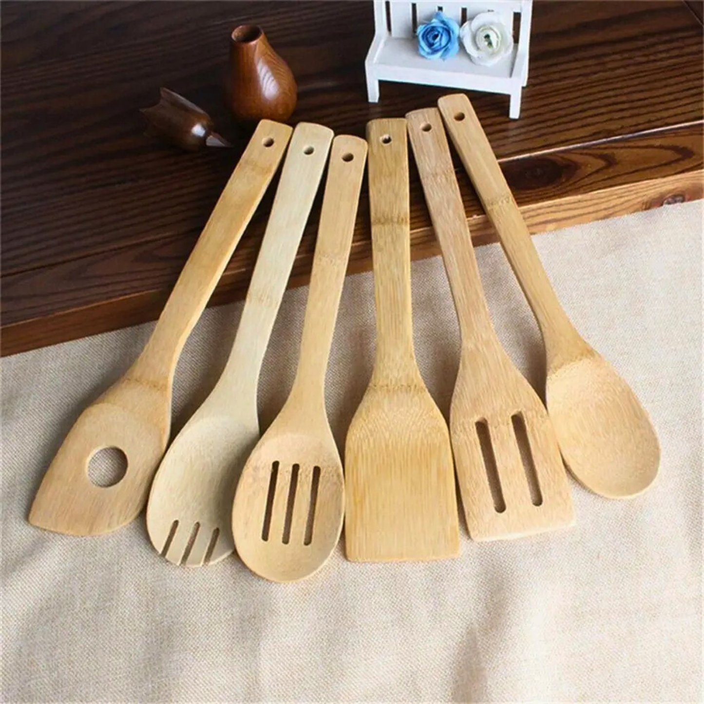 Bamboo Wood Cooking Turners Utensil Set Healthy Bamboo Turners Spoon Spatula Kitchen Tools for Home Picnic Cooking